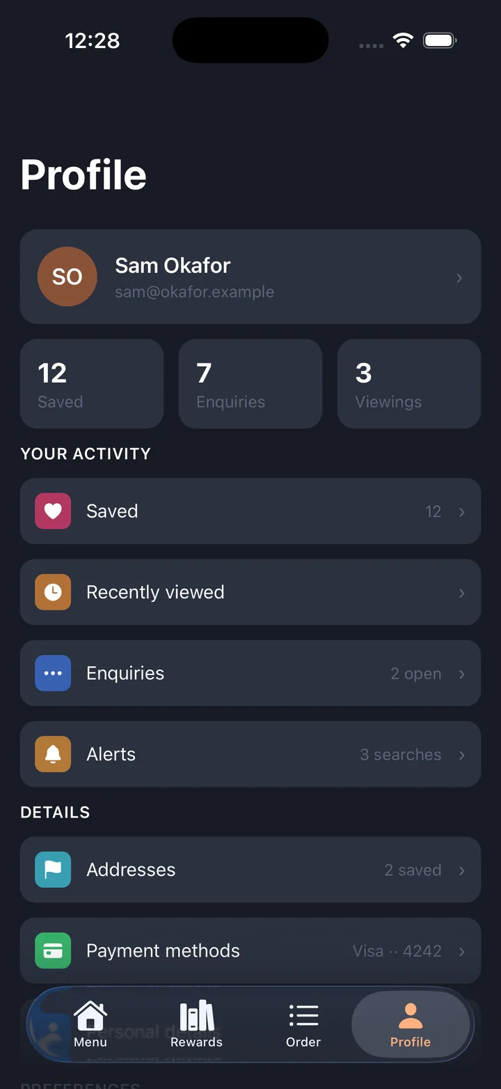 Orders & menu — Profile