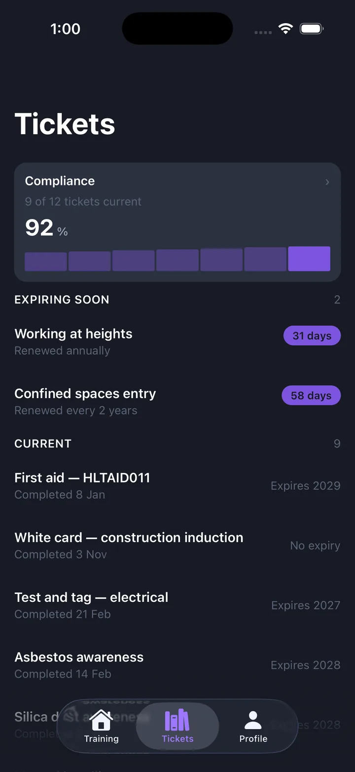 Training & compliance — Tickets